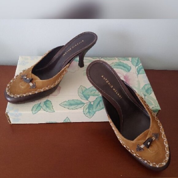 ANTONIO MELANI Brown & Tan Open Back Heels Size 9 - Picture 2 of 6